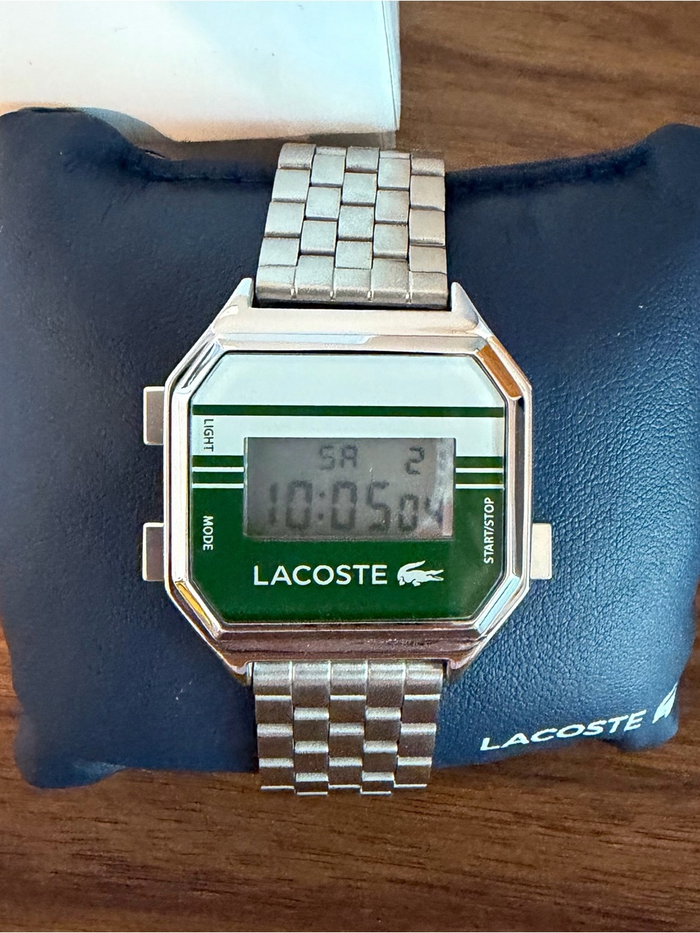 Lacoste Men's Silver Stainless Digital Watch with Green Dial